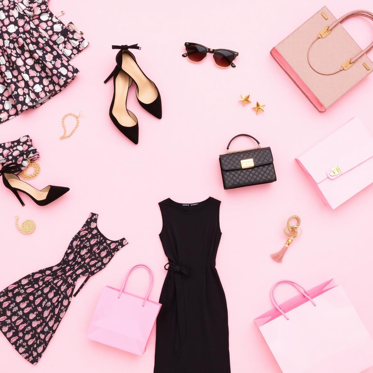 Trendy fashion collage with dresses, heels, handbags and shopping bags